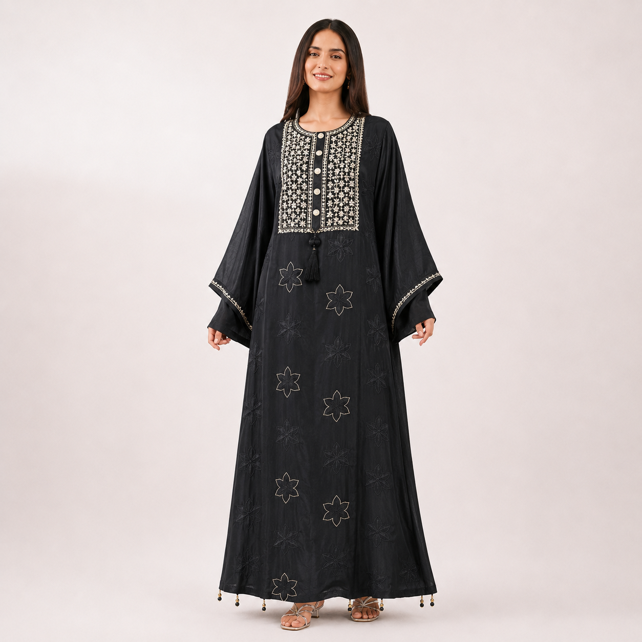 Black Embroidered Long Kaftan with Mirror Button Detail